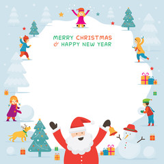 Wall Mural - Santa Claus with Kids or Children Playing Snow, Frame, Christmas, Winter and New Year Celebration