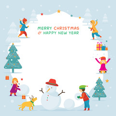 Wall Mural - Kids or Children Playing Snow, Frame, Christmas, Winter and New Year Celebration