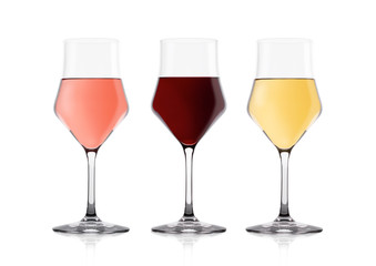 Glasses of white red and pink rose wine on white