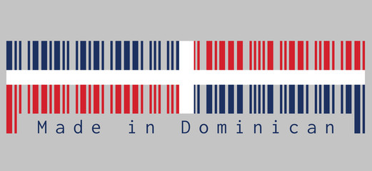 Wall Mural - Barcode set the color of Dominican flag, A white cross into four rectangles, blue and red at the top and red and blue at the bottom. text: Made in Dominican, concept of sale or business.