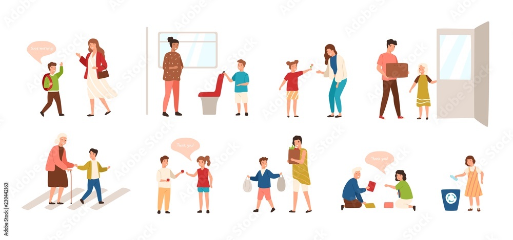 Collection of well-behaved kids isolated on white background. Set of children demonstrating good manners - open door, helping old lady to cross road, offering seat to woman. Vector illustration. - obrazy, fototapety, plakaty 