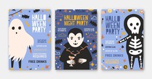 Bundle Of Halloween Party Invitation, Flyer Or Poster Templates With Cute Vampire, Skeleton, Spooky Ghost And Place For Text. Colored Vector Illustration In Flat Cartoon Style For Holiday Celebration.