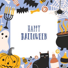 Wall Mural - Square greeting card or postcard template decorated with frame consisted of spooky creatures, Jack-o'-lantern, sweets and Happy Halloween wish