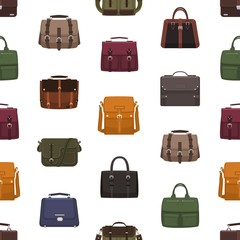 Aufkleber - Seamless pattern with trendy men's bags or handbags of different styles on white background. Backdrop with fashionable leather accessories. Flat vector illustration for wrapping paper, wallpaper.