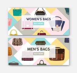 Aufkleber - Bundle of horizontal web banner templates with men's and women's bags and handbags. Bright colored flat vector illustration for fashionable accessories store or luxury boutique promotion, advertising.