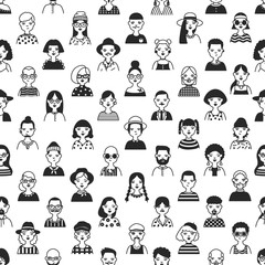 Aufkleber - Seamless pattern with faces or heads of old and young people. Backdrop with fashionable men and women hand drawn with black contour lines on white background. Vector illustration in doodle style.