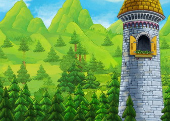 Wall Mural - Cartoon happy scene of castle near the forest - stage for different usage - illustration for children