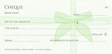 Check, Cheque (Chequebook Template). Guilloche Pattern With Green Bow (ribbon) Watermark. Background Hi Detailed For Banknote, Money Design,currency, Bank Note, Voucher, Gift Certificate, Money Coupon
