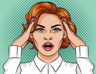 Wall Mural - Vector pop art style illustration of a shocked girl. Beautiful girl with open mouth. The girl with red hair holds her hands over her head. The girl is in a panic. Emotional frightened woman's face