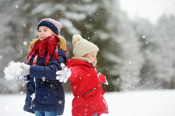 Two adorable little girls having fun together in beautiful winter park. Beautiful sisters playing in a snow.