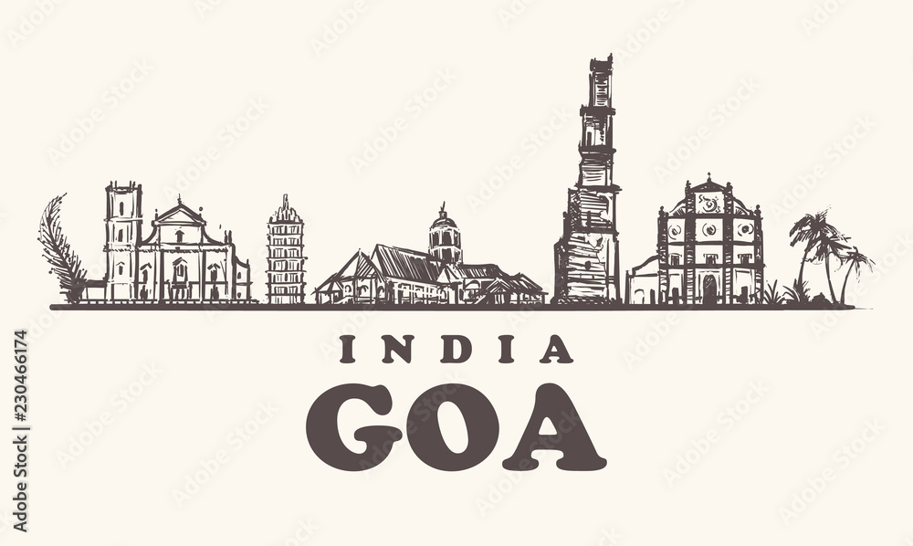 Goa skyline vintage vector illustration. Hand drawn buildings of Goa, on white background. - obrazy, fototapety, plakaty 