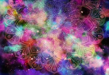Wall Mural - Abstract mandala graphic design and watercolor digital art painting for ancient geometric concept background