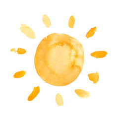 Wall Mural - Simple abstract bright yellow shining sun painted in watercolor on clean white background