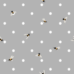 Beautiful seamless bees pattern on painting white polka dots background. Hand drawing bee illustration style design