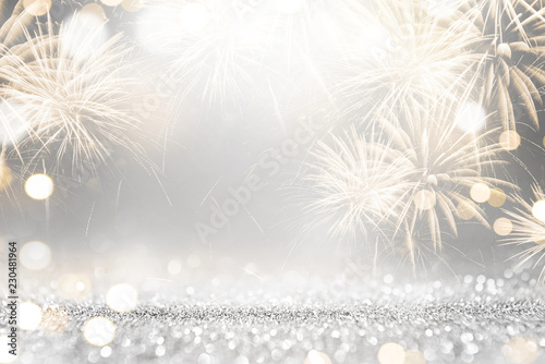 Gold and silver Fireworks and bokeh in New Year eve and copy space Canvas Print
