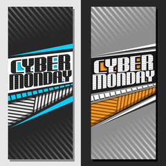 Wall Mural - Vector vertical banners for Cyber Monday, grey futuristic flyers with original typeface for words cyber monday on abstract striped background, creative brochure for season sale for hi tech market.