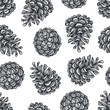 Hand draw engraving of a pine cone in a seamless pattern.