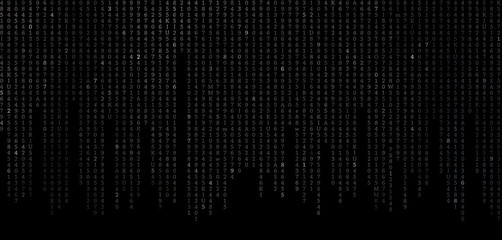 A black screen of a monitor or TV with falling white numbers in rows