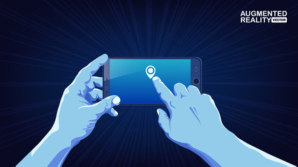 Augmented Reality. Men's hands with a smartphone. Innovative technologies for modern gadgets. Search for information about urban objects using the application. Blue vector background. Flat style. 