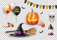 Vector Halloween Poster Witch Hat, Broom Balloon