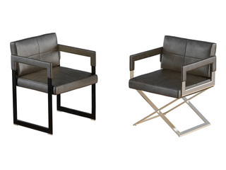 Two Black chair with iron legs on a white background 3d rendering