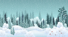 Winter Landscape With Snowy Forest And Birds, Vector Illustration.
