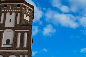 Tall steeples and towers, the roof of an old, ancient medieval baroque castle, a renaissance, Gothic in the center of Europe against a blue sky