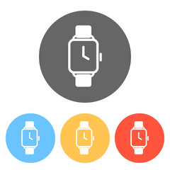 Poster - Hand smart watch with square display. Technology icon. Set of white icons on colored circles