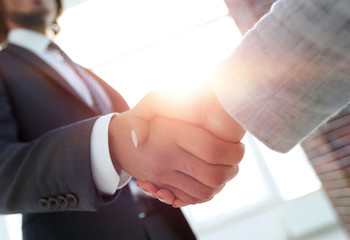 Excited smiling businessman handshaking partner at meeting,