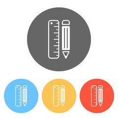 Poster - simple symbol of ruler and pencil. Set of white icons on colored