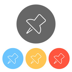 Poster - Simple push pin. Linear icon, thin outline. Set of white icons o
