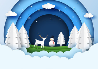 Wall Mural - Snow and winter season with snowman and deer wildlife for merry christmas and happy new year paper art style.Vector illustration.