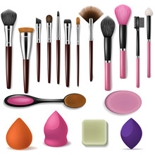 Makeup Brush Vector Professional Beauty Applicator Accessory And Fashion Brushed Tools For Powder Blush Shadow Illustration Set Of Making Up Cosmetic Brushing Products Isolated On White Background