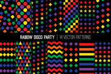 
Rainbow Disco Party Vector Patterns. Vibrant Multicolor Glow In The Dark Backgrounds. Repeating Pattern Tile Swatches Included.