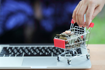 trolley and coins with human hand on computer, idea for shopping and online payment using as business background.