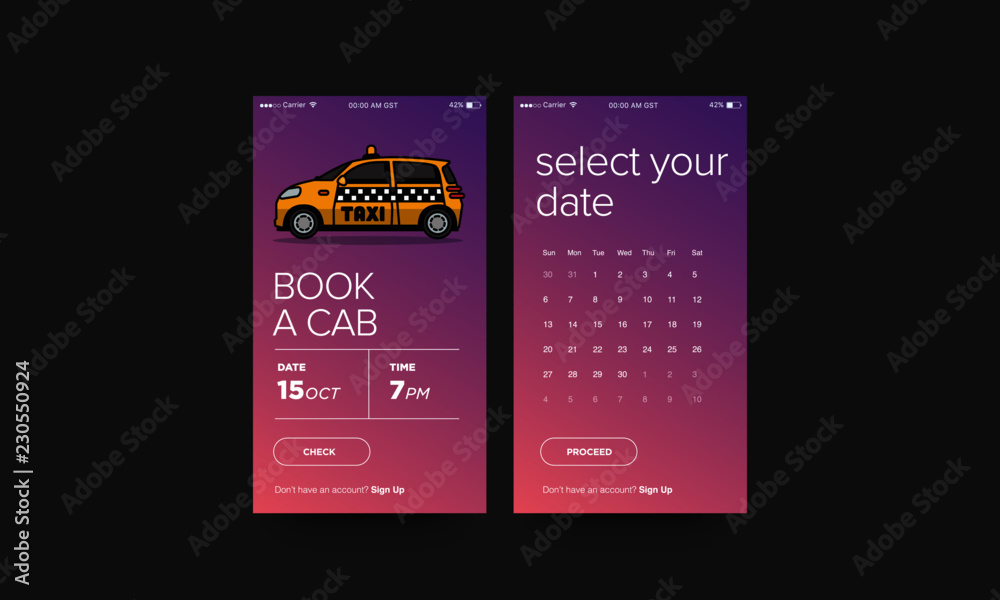 Book A Cab Taxi App UX UI Design for Smart Phones with Small Car Vector ...