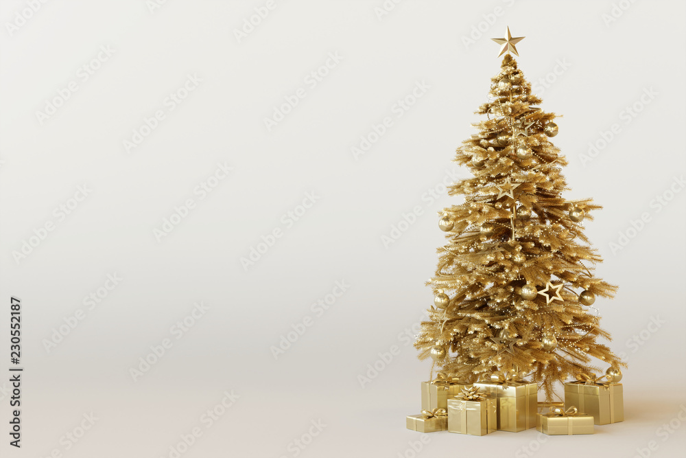 Gold Christmas tree with gift box on white background. 3d rendering ...