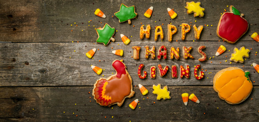 Wall Mural - Thanksgiving concept - cookies shaped like pumpkin, turkey, leaves