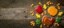 Thanksgiving Concept - Cookies Shaped Like Pumpkin, Turkey, Leaves