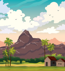 Canvas Print - Tropical nature - mountains, hut, palm tree.