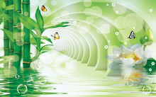 3d Illustration, Moderate Green Tunnel Above The Water, Green Bamboo, Large White Flower, Soap Bubbles, Butterflies