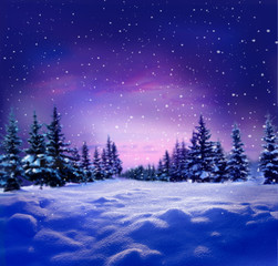 Wall Mural - beautiful winter night landscape with snow covered trees.christmas background . happy new year greet