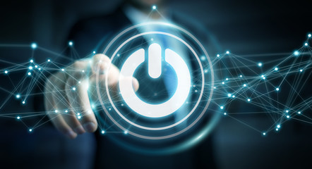 Poster - Businessman using 3D render power button with connections