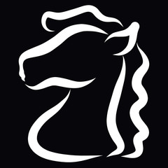 Profile of a proud horse, white contour on a black background