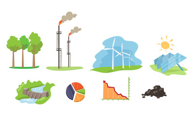 Poster - Electricity and energy sources set, wind, hydro, solar power generation facilities vector Illustration on a white background