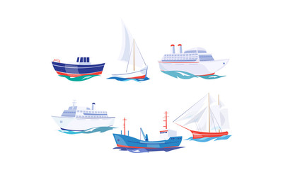 Sticker - Water transport set, yacht, boat, cargo ship, steamship, fishing boat, cruise ship vector Illustration on a white background