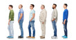 diversity and people concept - group of happy multiracial men standing in queue, isolated on white