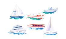 Water Transport Set, Yacht, Motorboat, Steamship, Fishing Boat, Cruise Ship Vector Illustration On A White Background