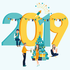 Business people and friends celebrating New Year. Colorful vector illustration in flat cartoon style. Inscription New Year 2019. Christmas tree. Gift boxes. Fireworks. Bottle of champagne and glasses.