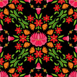 Hungarian folk pattern vector seamless. Kalocsa floral ethnic ornament. Slavic eastern european print on black background. Traditional flower embroidery design for woman clothing or home textile.